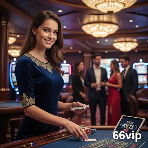 Jogadora sorridente interagindo em mesa de poker no 66vip.