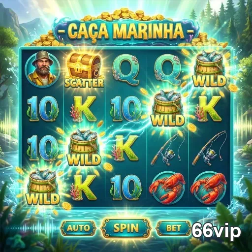 Tela do jogo 'Caça Marinha' na 66vip, destacando símbolos e recursos.