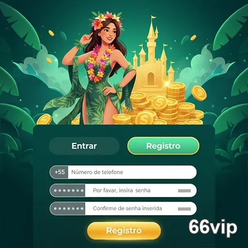 Tela de cadastro da 66vip com personagem e moedas.