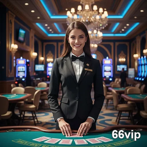 Dama com terno no cassino 66vip, cercada por máquinas de jogo.