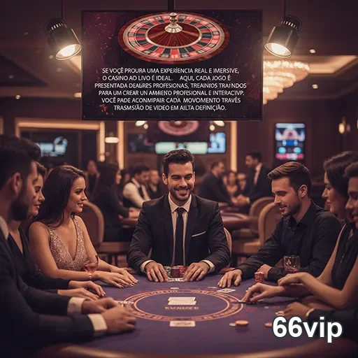 Jogadores em mesa de cassino VIP no 66vip, com dealer e telões.