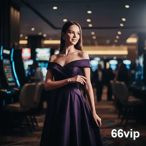 Mulher elegantemente vestida interage em cassino da 66vip.