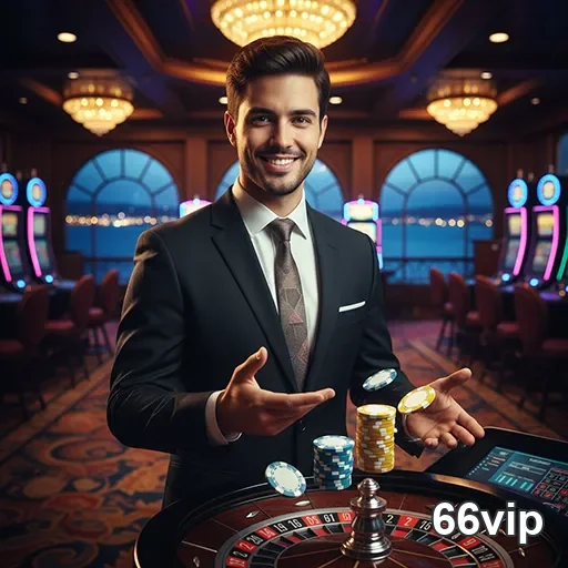 Profissional em um cassino apresenta jogos na 66vip.