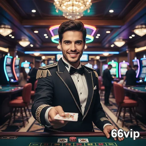 Croupier sorridente em cassino 66vip, mostrando cartas.